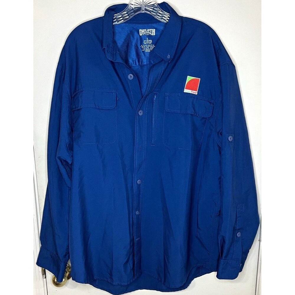Duluth Trading Co Armachillo Mens Blue Long Sleeve Button Down Shirt L Logo